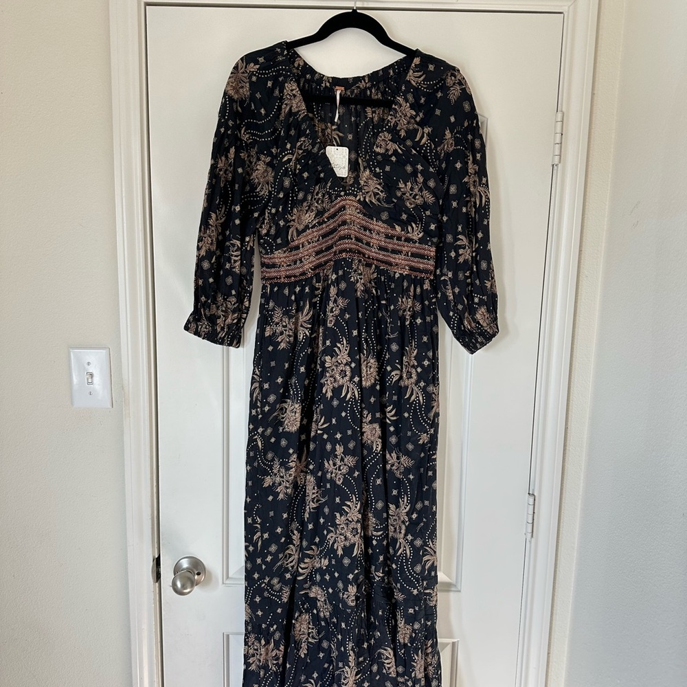 Free People Golden Hour Maxi Dress Black Brown Floral‎ Ballon Sleeve Smocked NWT